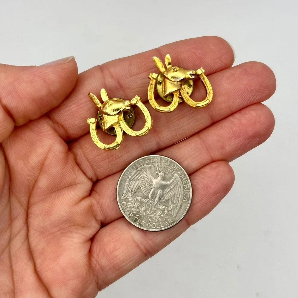 Vintage Gold Tone Donkey Head Horseshoe Lapel Pins Tie Pin Republican Patriotic